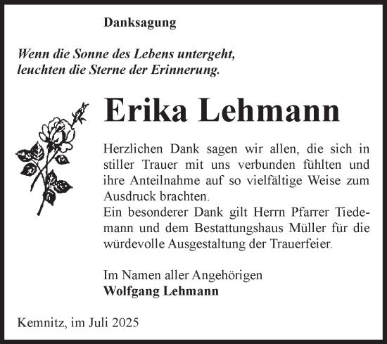 Traueranzeige von Erika Lehmann von Volksstimme Altmark West