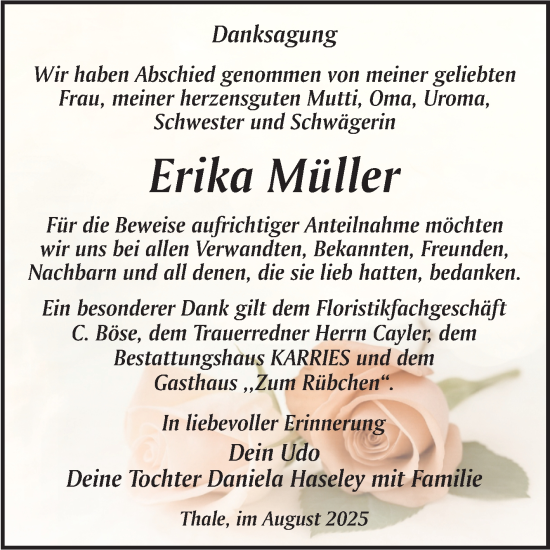 Traueranzeige von Erika Müller von Trauerkombi Quedlinburg