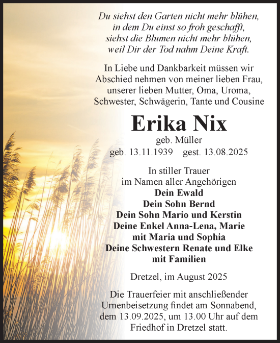 Traueranzeige von Erika Nix von Volksstimme Burg/Genthin