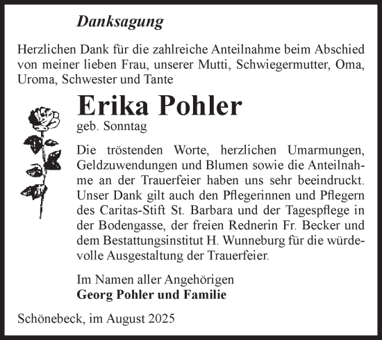 Traueranzeige von Erika Pohler von Volksstimme Schönebeck