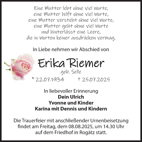 Traueranzeige von Erika Riemer von Volksstimme Haldensleben/Wolmirstedt