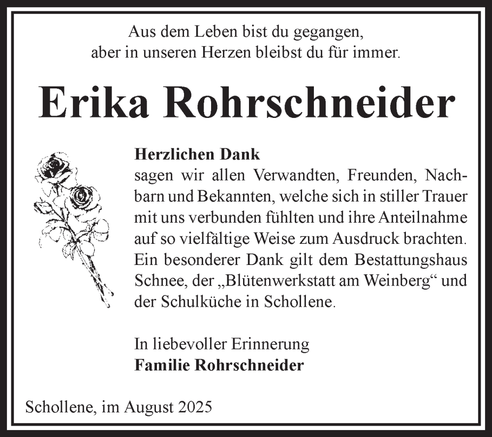  Traueranzeige für Erika Rohrschneider vom 09.08.2025 aus Volksstimme Altmark Ost