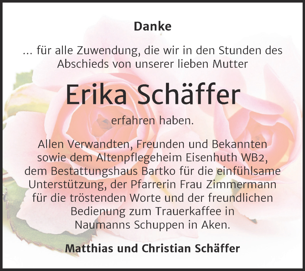 Traueranzeige für Erika Schäffer vom 09.08.2025 aus Trauerkombi Köthen