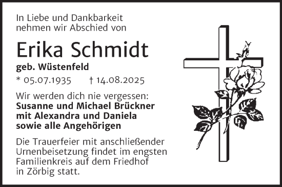 Traueranzeige von Erika Schmidt von Trauerkombi Köthen