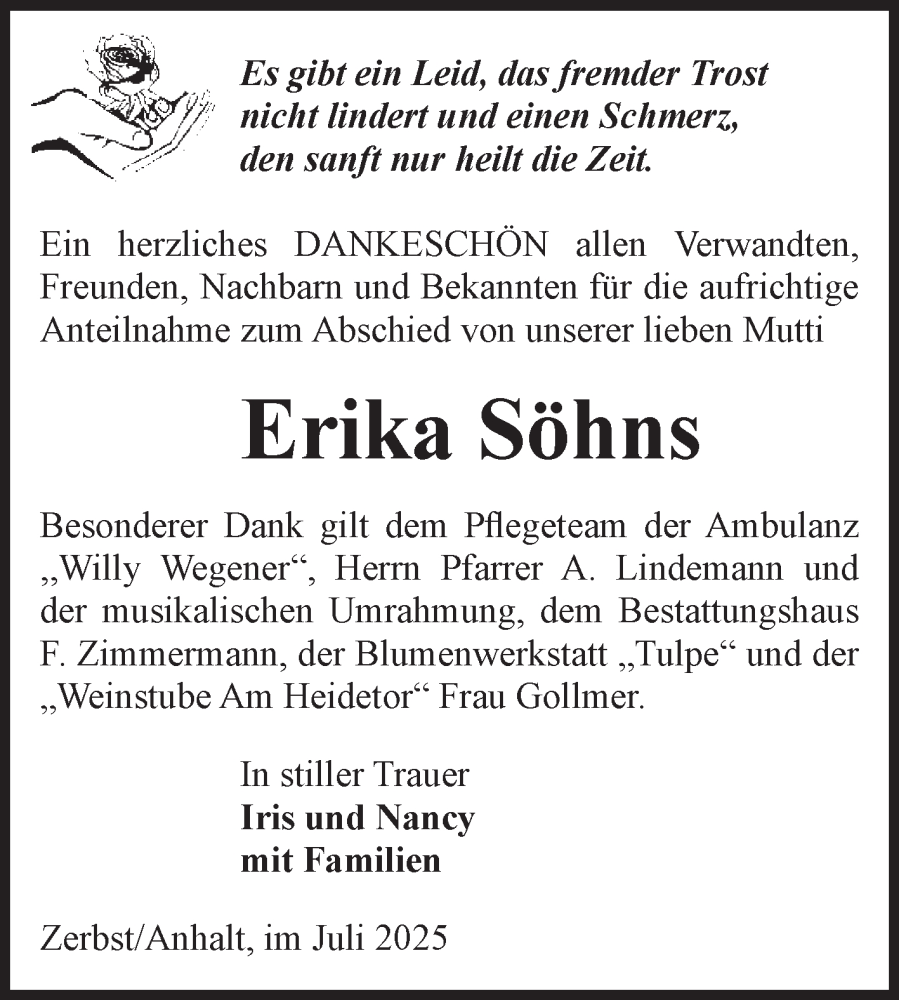  Traueranzeige für Erika Söhns vom 02.08.2025 aus Volksstimme Zerbst