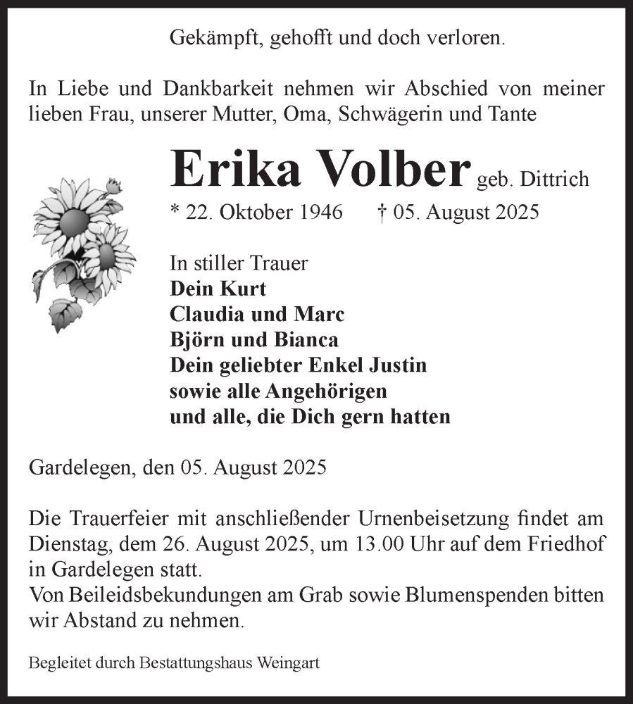  Traueranzeige für Erika Volber vom 09.08.2025 aus Volksstimme Altmark West