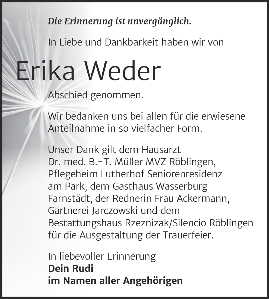  Traueranzeige für Erika Weder vom 30.08.2025 aus Trauerkombi Merseburg
