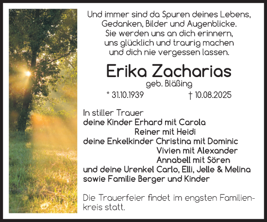 Traueranzeige von Erika Zacharias von Volksstimme Zerbst
