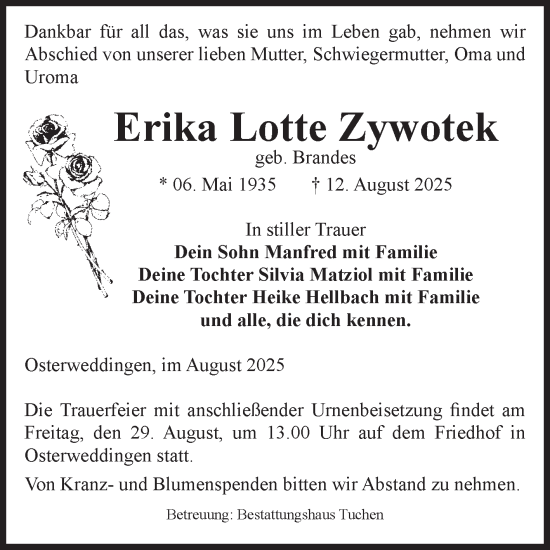 Traueranzeige von Erika Lotte Zywotek von Volksstimme Oschersleben/Wanzleben
