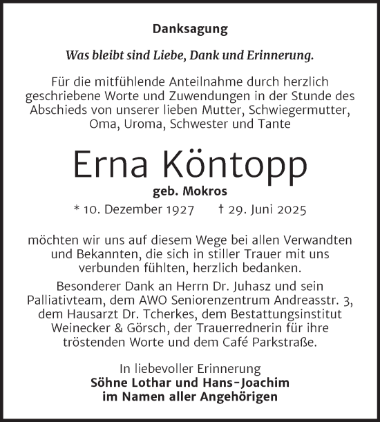 Traueranzeige von Erna Köntopp von Trauerkombi Bernburg