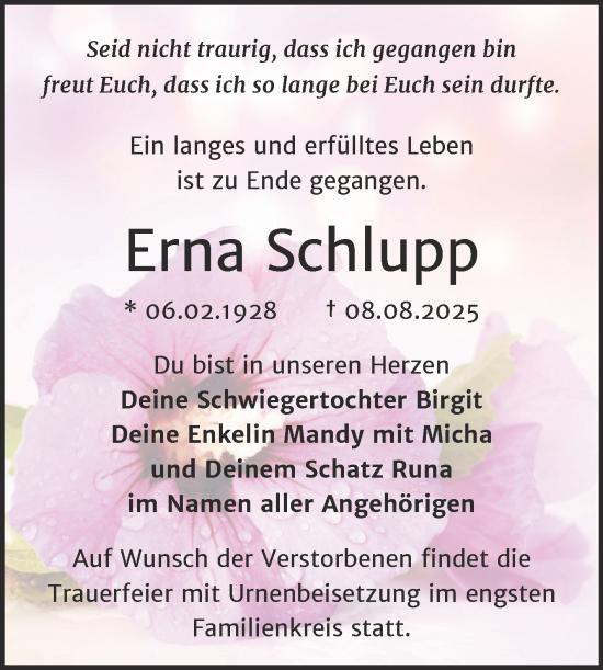 Traueranzeige von Erna Schlupp von Mitteldeutsche Zeitung Halle/Saalkreis