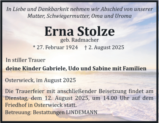 Traueranzeige von Erna Stolze von Volksstimme Halberstadt