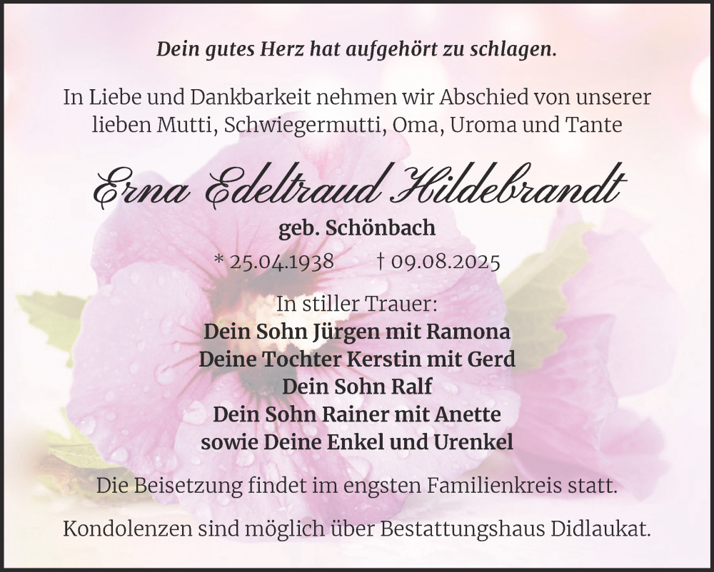  Traueranzeige für Erna Edeltraud Hildebrandt vom 16.08.2025 aus Trauerkombi Quedlinburg