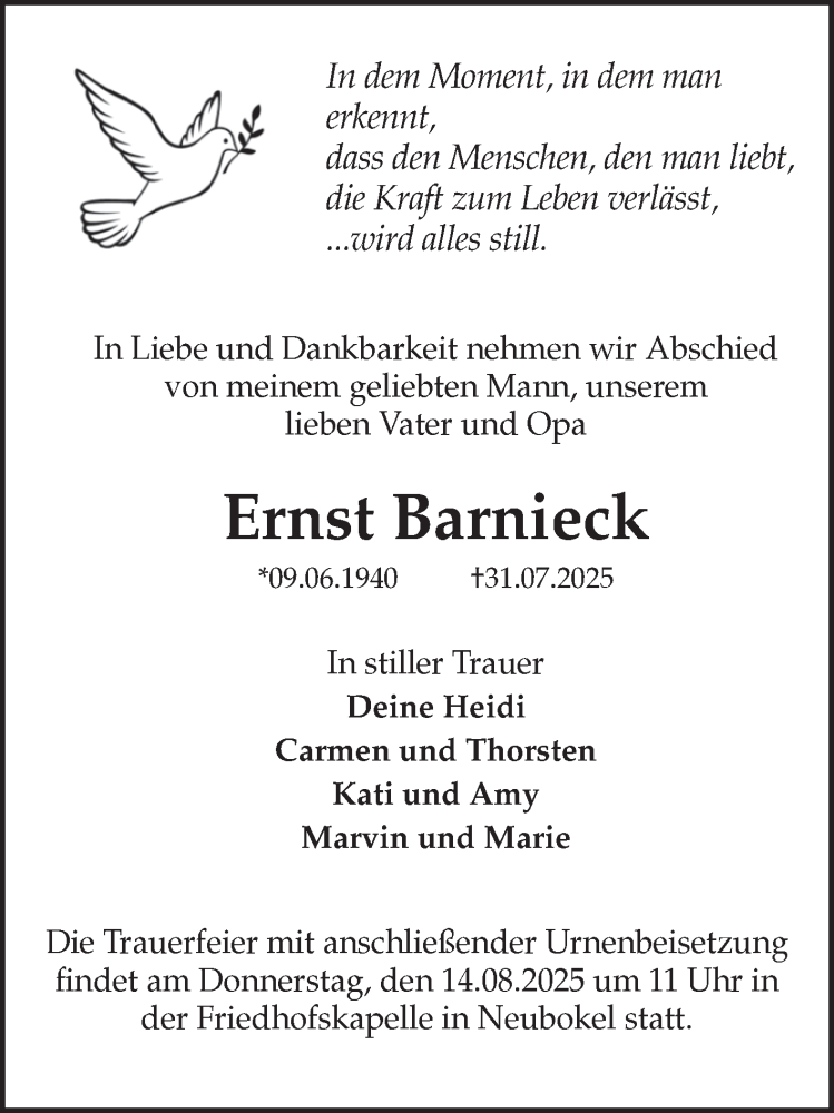  Traueranzeige für Ernst Barnieck vom 09.08.2025 aus Volksstimme Haldensleben/Wolmirstedt