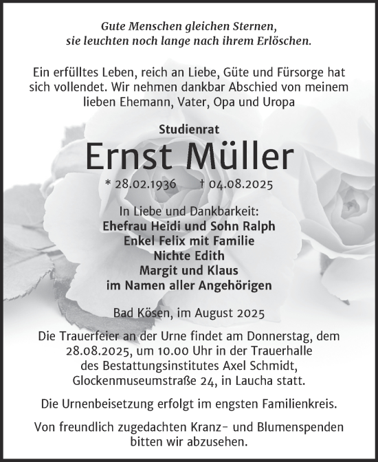 Traueranzeige von Ernst Müller von Naumburger Tageblatt