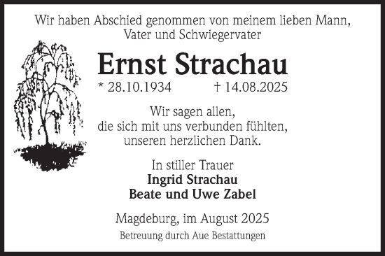 Traueranzeige von Ernst Strachau von Volksstimme Magdeburg