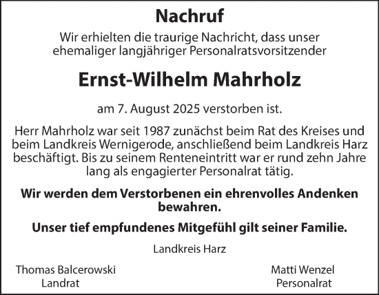 Traueranzeige von Ernst-Wilhelm Mahrholz von Volksstimme Wernigerode