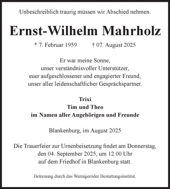 Traueranzeige von Ernst-Wilhelm Mahrholz von Volksstimme Wernigerode