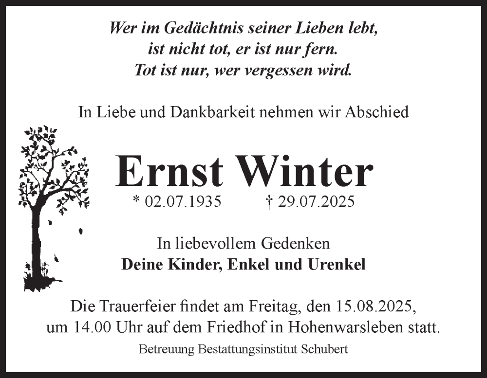  Traueranzeige für Ernst Winter vom 09.08.2025 aus Volksstimme Haldensleben/Wolmirstedt