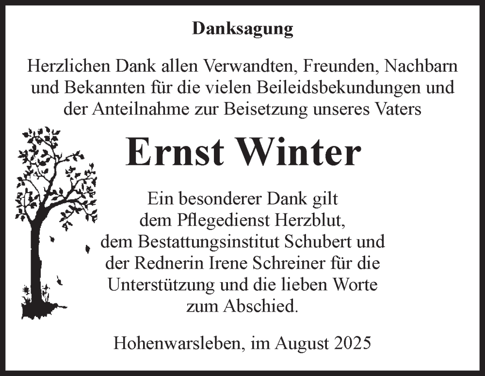  Traueranzeige für Ernst Winter vom 23.08.2025 aus Volksstimme Haldensleben/Wolmirstedt