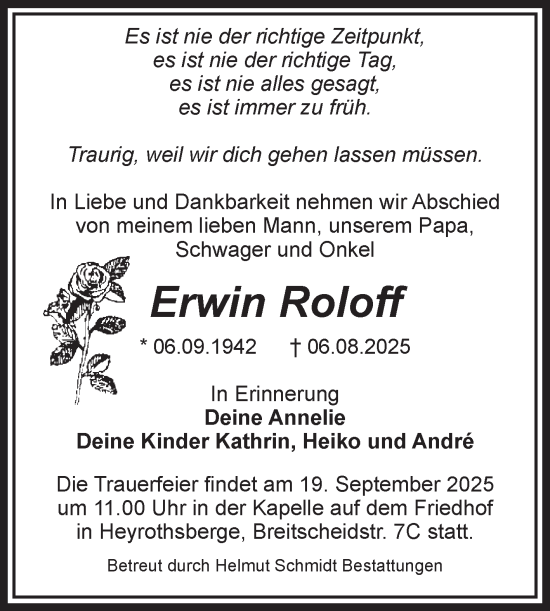 Traueranzeige von Erwin Roloff von Volksstimme Burg/Genthin