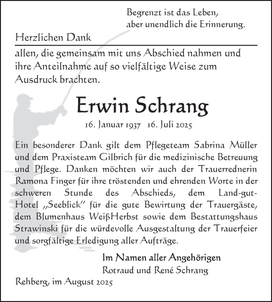 Traueranzeige von Erwin Schrang von Volksstimme Altmark Ost