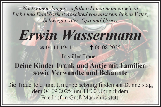 Traueranzeige von Erwin Wassermann von Trauerkombi Wittenberg