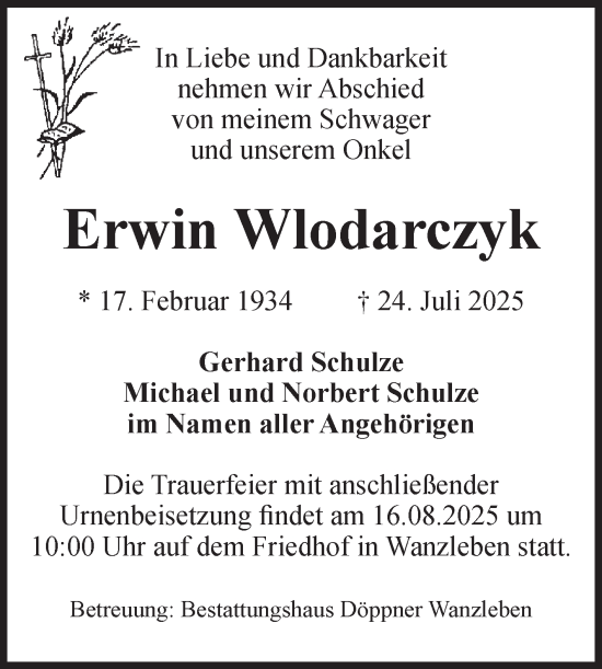 Traueranzeige von Erwin Wlodarczyk von Volksstimme Oschersleben/Wanzleben
