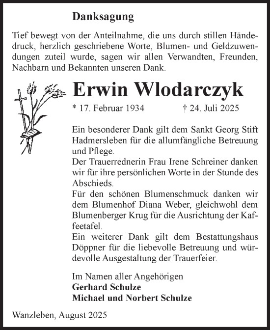 Traueranzeige von Erwin Wlodarczyk von Volksstimme Oschersleben/Wanzleben