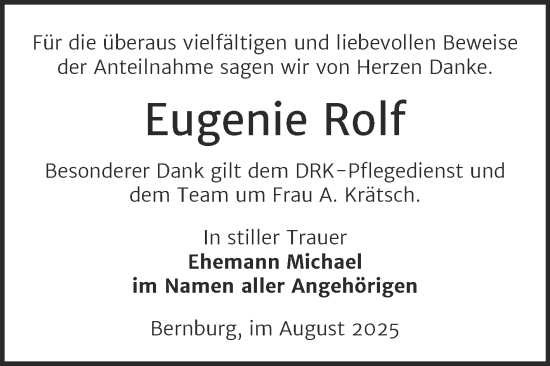 Traueranzeige von Eugenie Rolf von Trauerkombi Bernburg