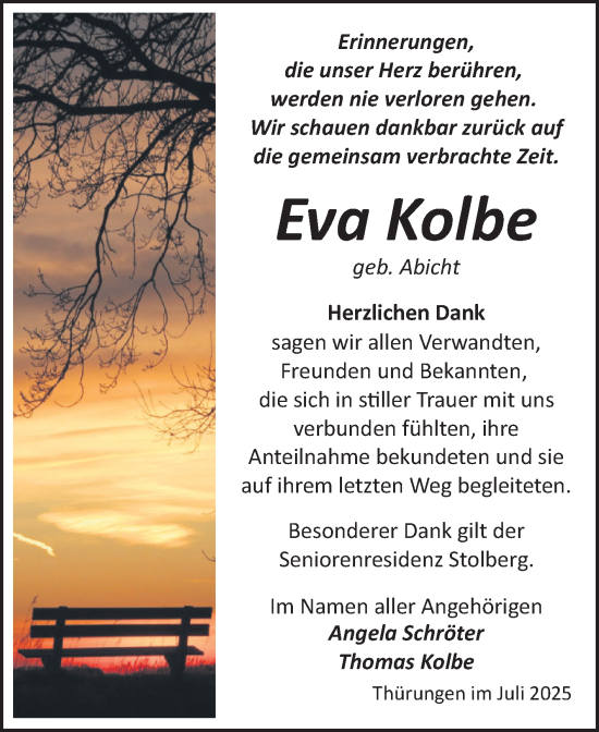 Traueranzeige von Eva Kolbe von Trauerkombi Sangerhausen