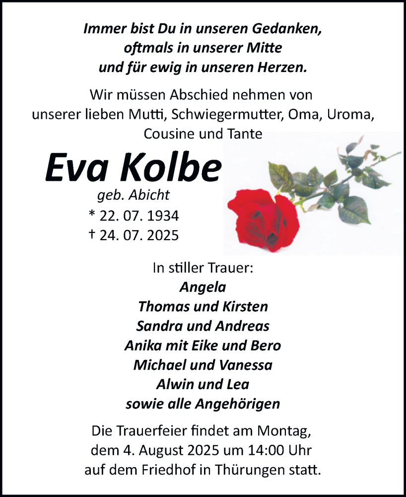  Traueranzeige für Eva Kolbe vom 02.08.2025 aus Trauerkombi Sangerhausen