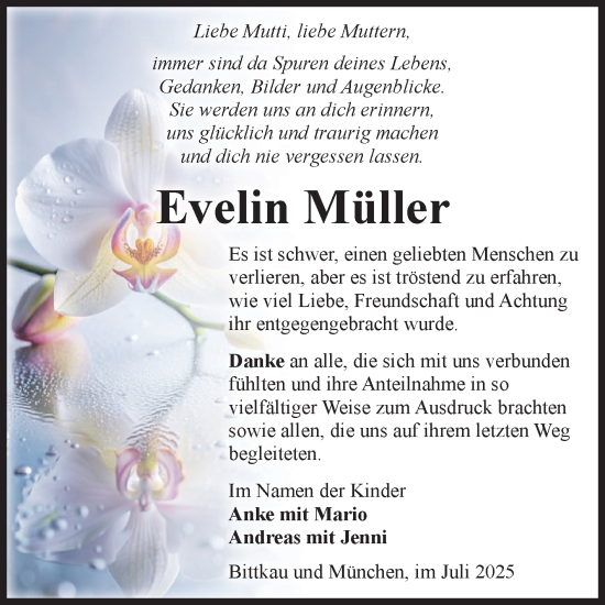 Traueranzeige von Evelin Müller von Volksstimme Altmark Ost