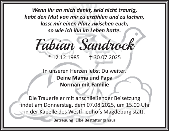 Traueranzeige von Fabian Sandrock von Volksstimme Magdeburg