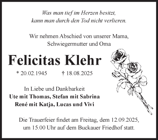 Traueranzeige von Felicitas Klehr von Volksstimme Magdeburg