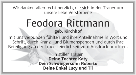 Traueranzeige von Feodora Rittmann von Trauerkombi Weißenfels