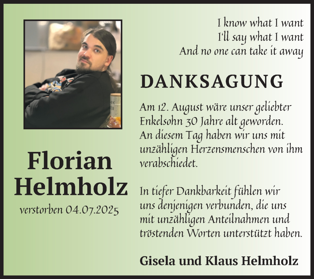  Traueranzeige für Florian Helmholz vom 23.08.2025 aus Volksstimme Oschersleben/Wanzleben