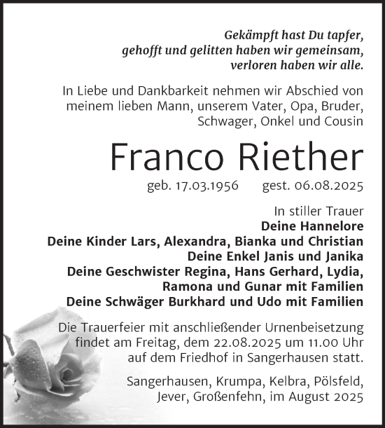 Traueranzeige von Franco Riether von Trauerkombi Sangerhausen