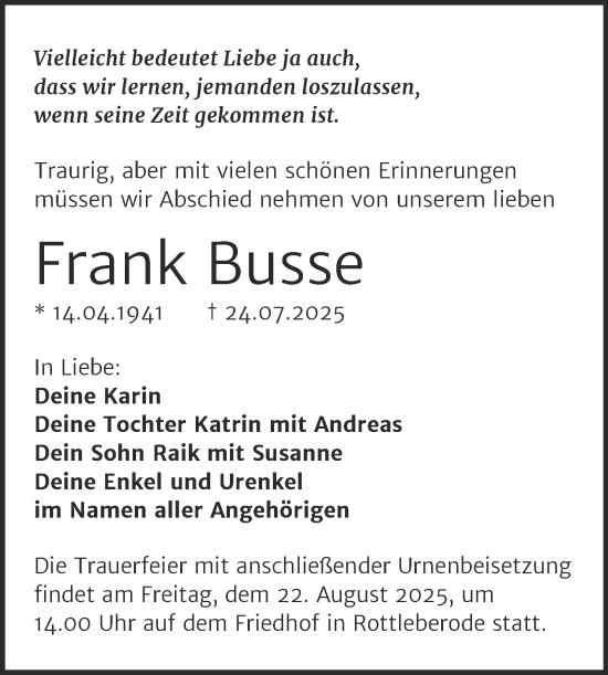 Traueranzeige von Frank Busse von Mitteldeutsche Zeitung Sangerhausen