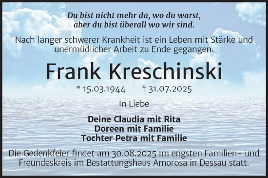 Traueranzeige von Frank Kreschinski von Trauerkombi Köthen