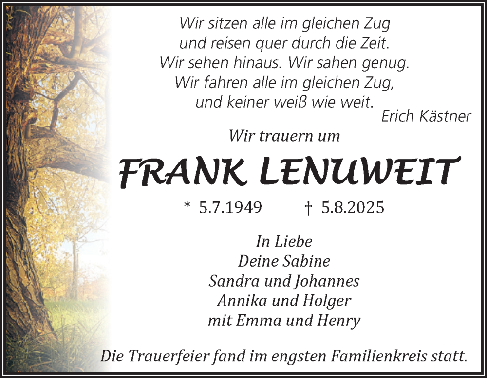  Traueranzeige für Frank Lenuweit vom 30.08.2025 aus Volksstimme Magdeburg