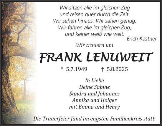 Traueranzeige von Frank Lenuweit von Volksstimme Magdeburg