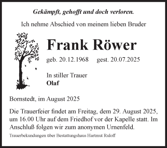 Traueranzeige von Frank Röwer von Volksstimme Haldensleben/Wolmirstedt