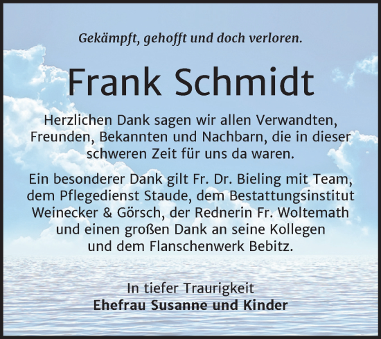 Traueranzeige von Frank Schmidt von Trauerkombi Bernburg
