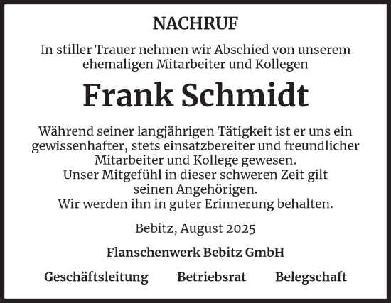 Traueranzeige von Frank Schmidt von Super Sonntag Bernburg