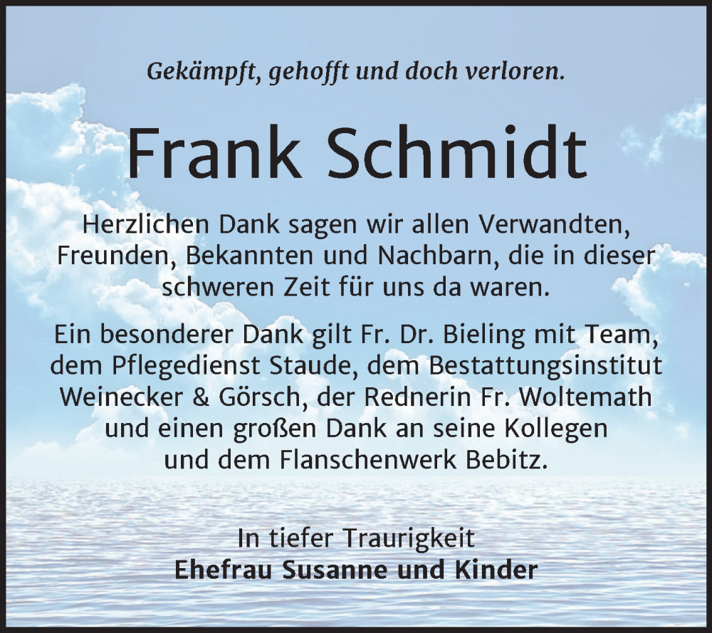  Traueranzeige für Frank Schmidt vom 16.08.2025 aus Trauerkombi Bernburg