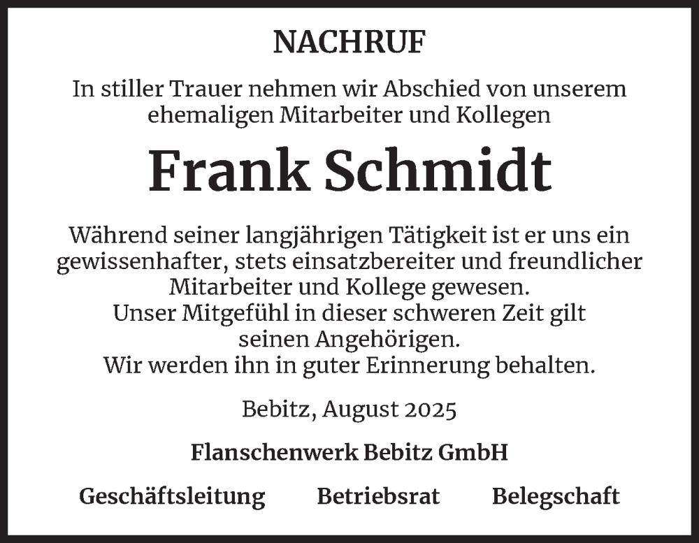  Traueranzeige für Frank Schmidt vom 16.08.2025 aus Super Sonntag Bernburg