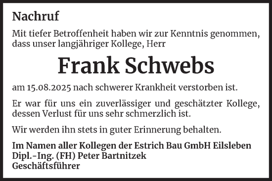 Traueranzeige von Frank Schwebs von Mitteldeutsche Zeitung Mansfelder Land