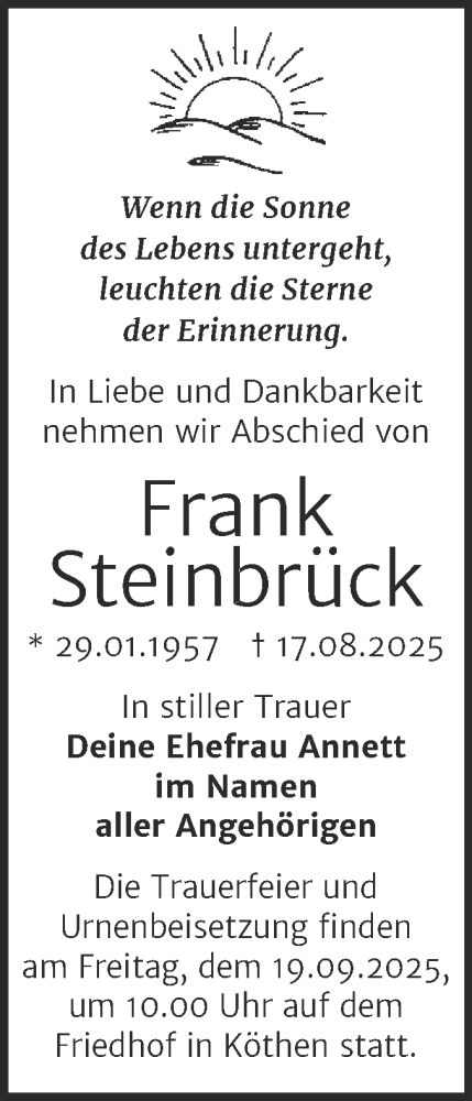  Traueranzeige für Frank Steinbrück vom 30.08.2025 aus Trauerkombi Köthen