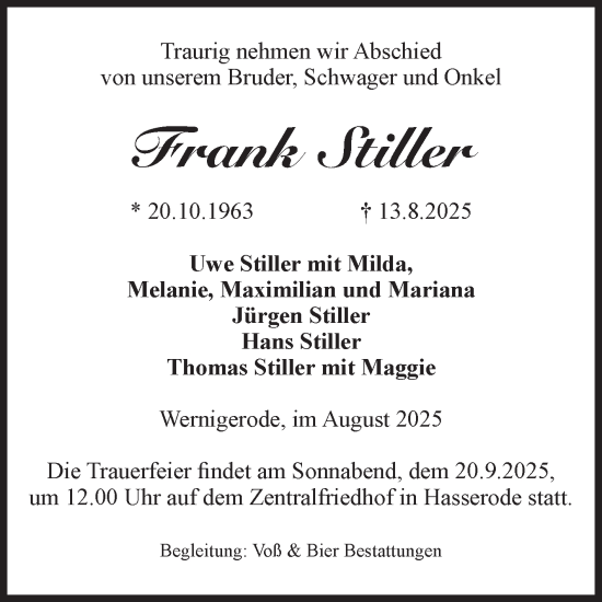 Traueranzeige von Frank Stiller von Volksstimme Wernigerode